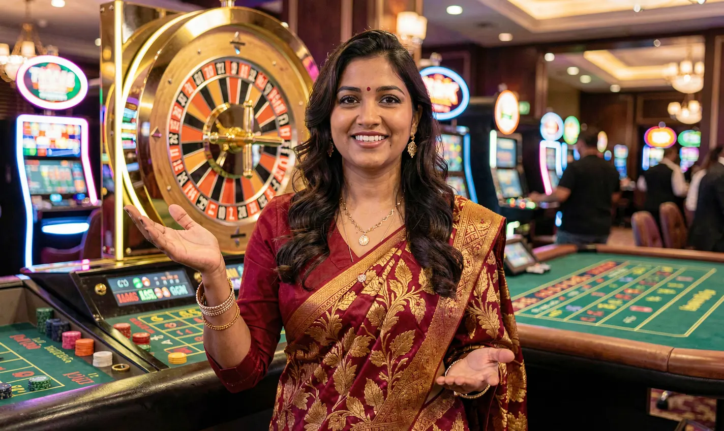 Elegant live casino hostess in a red dress presenting the wheel with glowing casino lights in the background at 46OK for Bangladesh