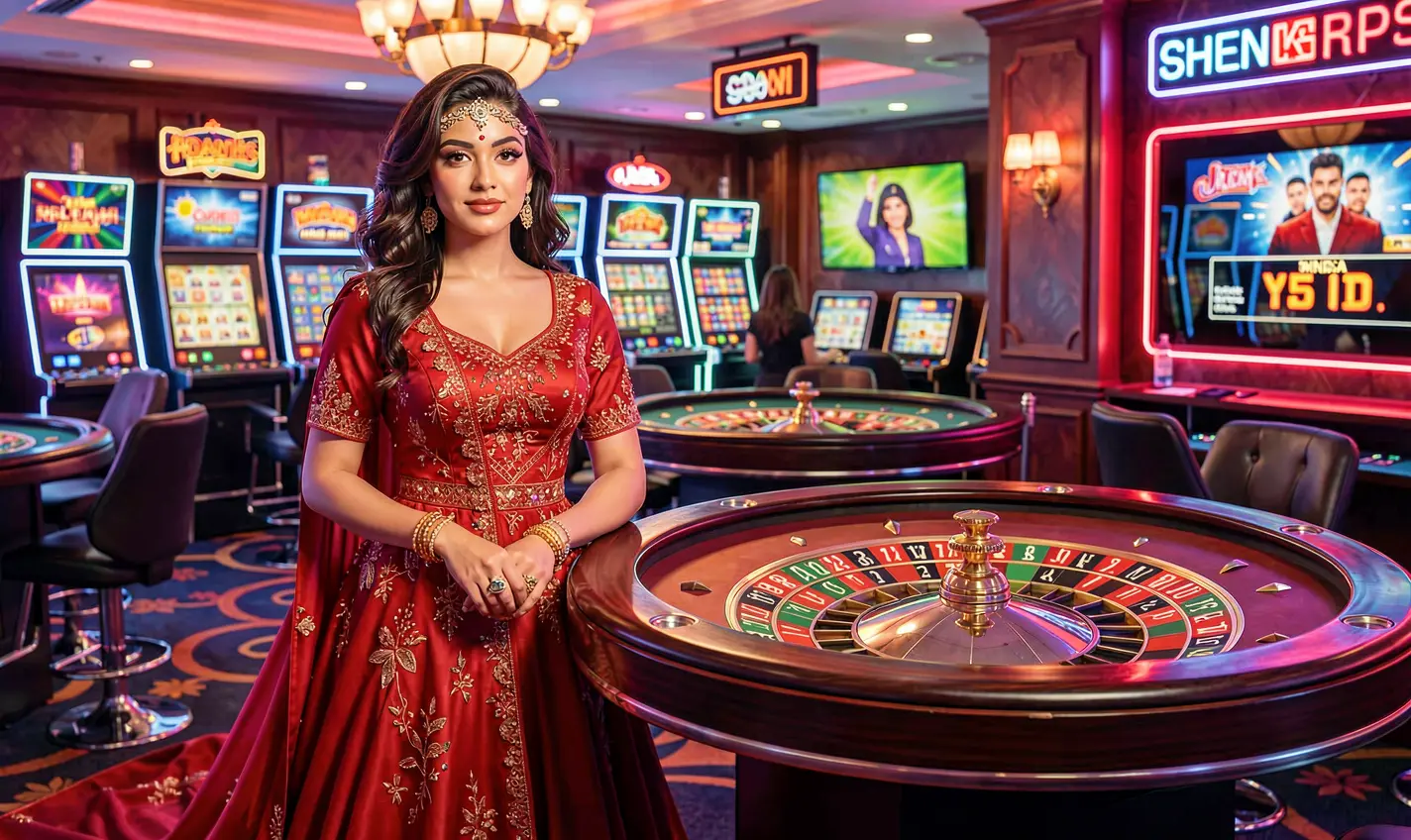 Elegant woman in a red evening dress near a glowing roulette wheel in a luxury casino atmosphere representing high class gaming at 46OK for players in Bangladesh