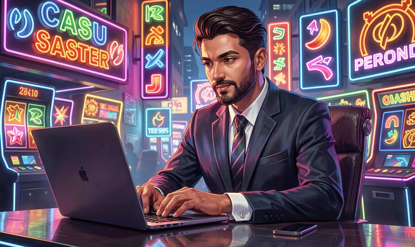 Focused casino player working on a laptop surrounded by bright neon casino symbols and digital game icons representing modern online gaming on 46OK in Bangladesh