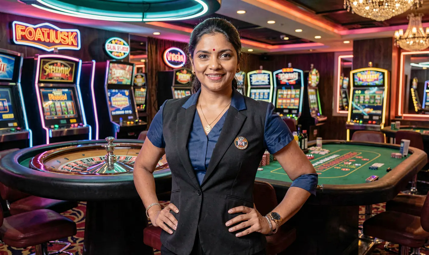 Stylish casino hostess in a modern gaming studio with live tables and vibrant lighting representing the immersive 46OK casino platform for Bangladesh
