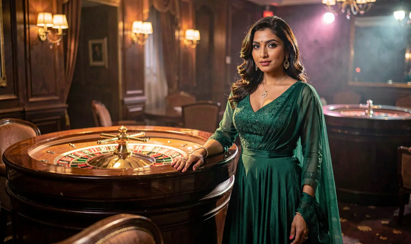 Glamorous casino scene with a confident woman in an elegant green dress standing by a glowing roulette wheel showcasing the luxury atmosphere of 46OK casino in Bangladesh